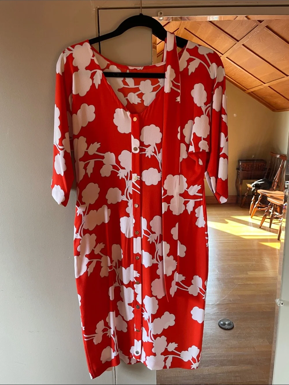 DVF Silk Orange & White Floral Tie-Waist Midi Dress